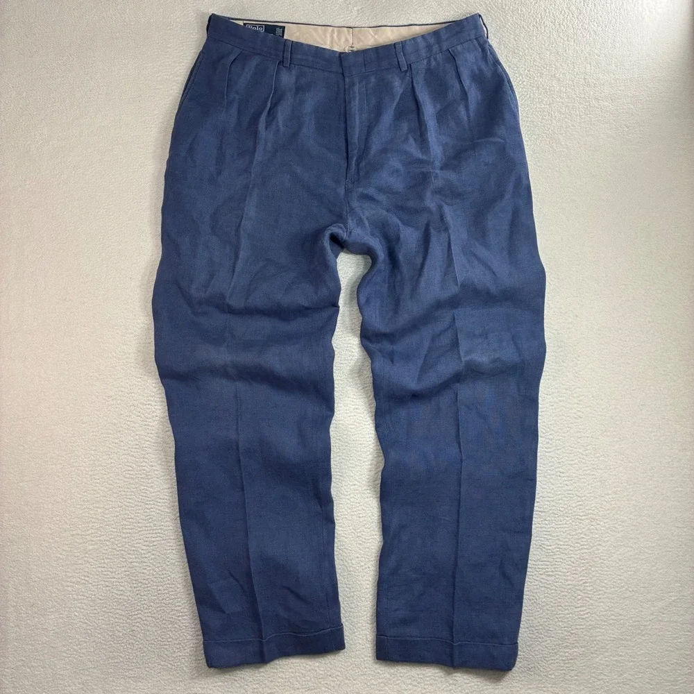 Vintage Polo Ralph Lauren Linen Pant Men 38x32 Blue Pleated Cuffed Dress Trouser